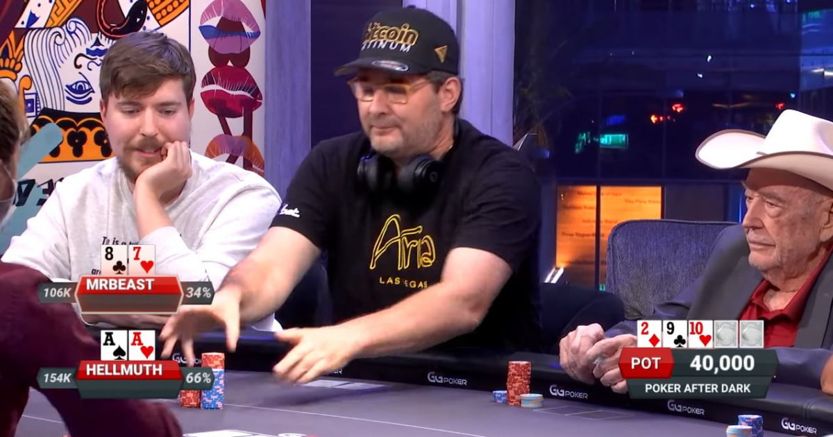 MrBeast seated at a charity poker game beside a large stack of chips