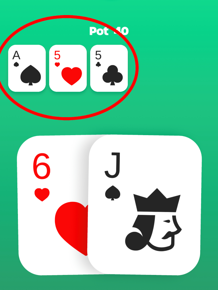 The flop dealt on a poker table in the EasyPoker app