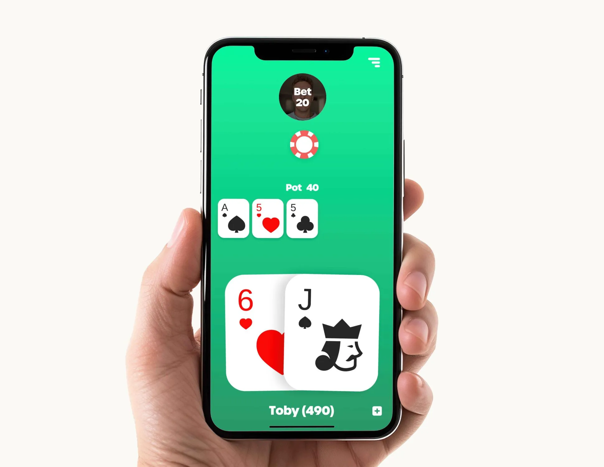 A hand holding a phone showing an EasyPoker table with play chips and a pot of 40