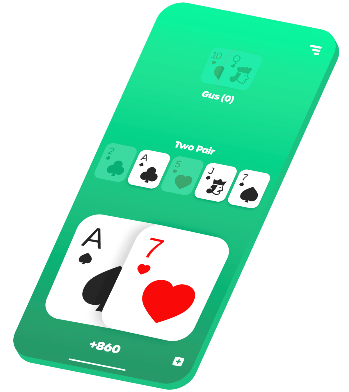 An EasyPoker hand in progress on a phone, showing two pair and the chips won