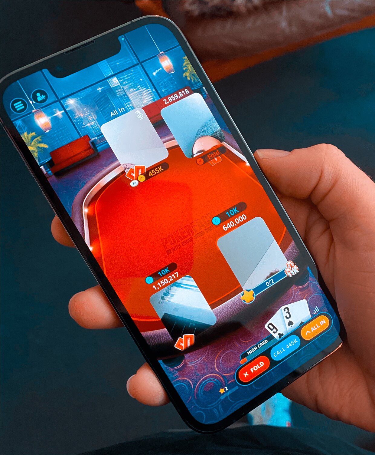 EasyPoker held vertically showing a hand of cards, unlike a bird's-eye table view