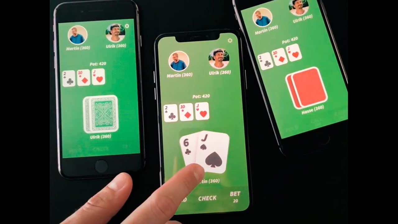 The EasyPoker app running on three phones around a table