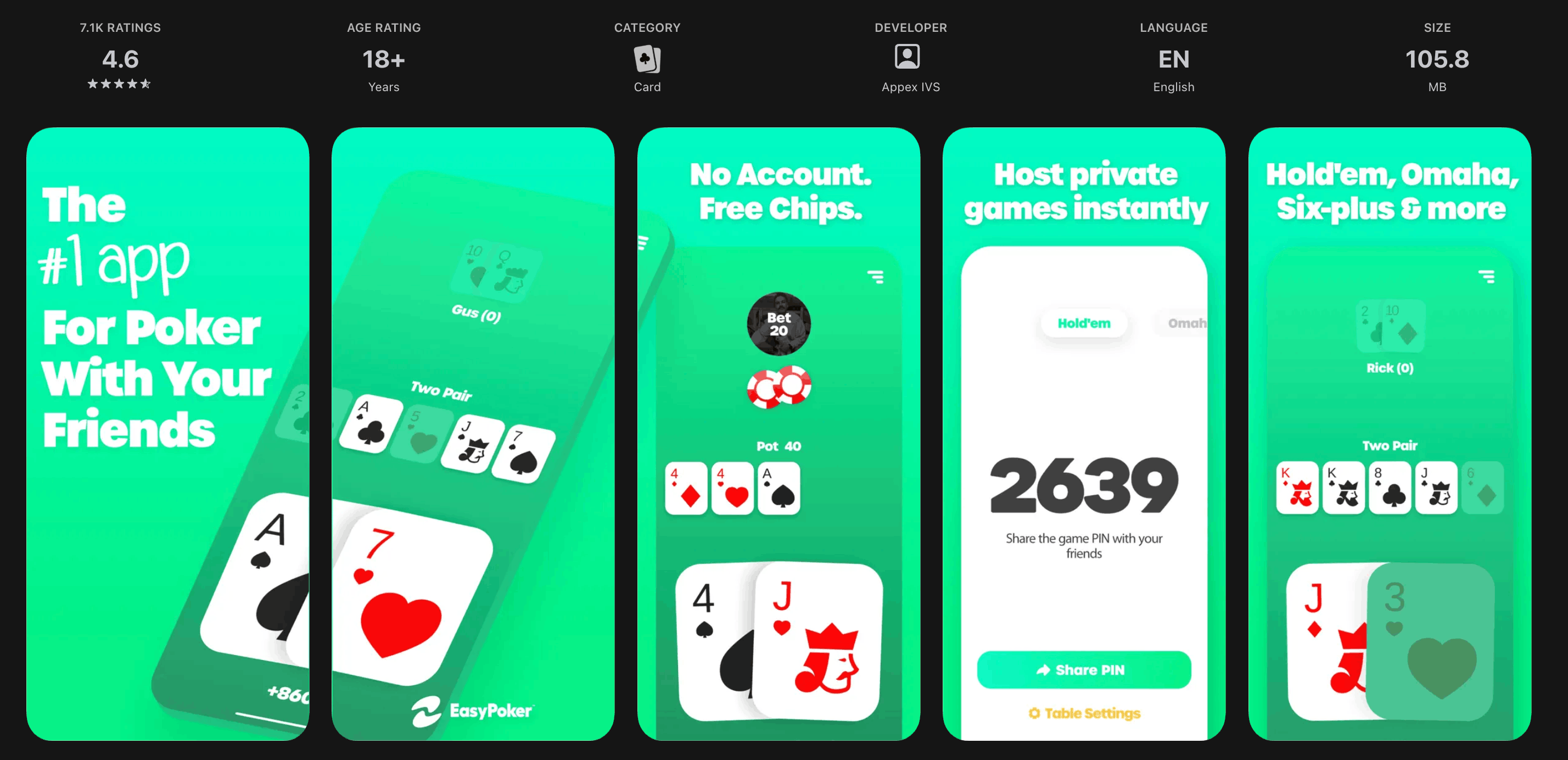 EasyPoker screens showing the lobby, game PIN entry and an active virtual poker table